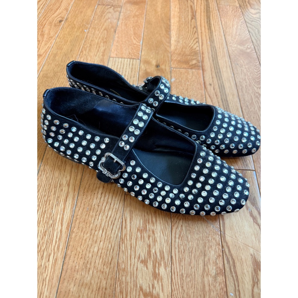 Sam Edelman Michaela Crystal Embellished Mary Jane Flats Black Leather Size 9